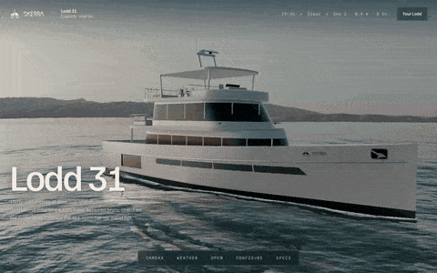 Skerra: the camera moves from the yacht on the water to the flybridge as rain begins, then shows the stern from above.